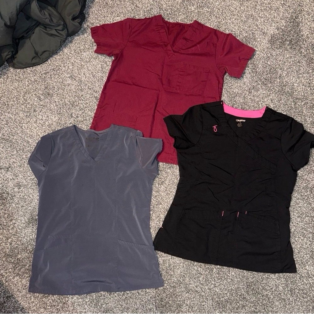 Set of Three Scrub Tops - maroon , Gray, and Black